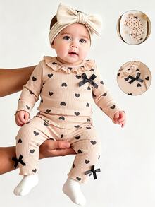 SHEIN Girls' Spring/Autumn Long Sleeve Ribbed High Elastic Set, Sweet Large Ruffle Collar With Delicate Bow, Black Heart Print, Stylish And Durable, Princess Style For Toddlers - Khaki - View 4