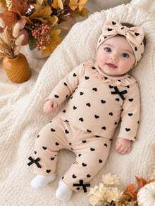 SHEIN Girls' Spring/Autumn Long Sleeve Ribbed High Elastic Set, Sweet Large Ruffle Collar With Delicate Bow, Black Heart Print, Stylish And Durable, Princess Style For Toddlers - Khaki - View 1