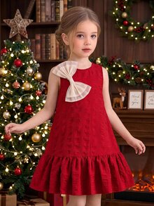 SHEIN Elladie kids Young Girl Summer Sleeveless A-Line Dress, Contrast Color Big Bow, Textured Ruffle Hem, Round Neck, Fairy Red Princess Dress, Party Birthday Christmas - Red - View 9