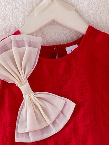 SHEIN Elladie kids Young Girl Summer Sleeveless A-Line Dress, Contrast Color Big Bow, Textured Ruffle Hem, Round Neck, Fairy Red Princess Dress, Party Birthday Christmas - Red - View 8