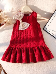 SHEIN Elladie kids Young Girl Summer Sleeveless A-Line Dress, Contrast Color Big Bow, Textured Ruffle Hem, Round Neck, Fairy Red Princess Dress, Party Birthday Christmas - Red - View 7