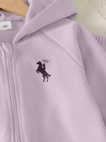 SHEIN ChillGRL Streecool 青少女 2 件套秋季服飾 常規厚度針織休閒百搭連帽拉鍊外套 寬鬆寬腿褲 馬術運動印花 - 紫色 - 查看 6