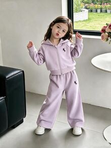 SHEIN ChillGRL Streecool 青少女 2 件套秋季服飾 常規厚度針織休閒百搭連帽拉鍊外套 寬鬆寬腿褲 馬術運動印花 - 紫色 - 查看 2