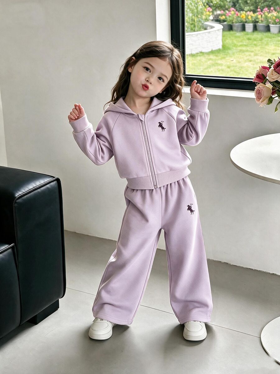 SHEIN ChillGRL Streecool 青少女 2 件套秋季服飾 常規厚度針織休閒百搭連帽拉鍊外套 寬鬆寬腿褲 馬術運動印花