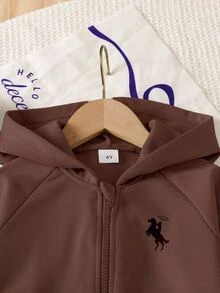 SHEIN ChillGRL Streecool 少女 2 件套冬季針織休閒 7 歲生日連帽拉鍊外套與寬鬆寬腿長褲套裝，附馬術運動圖案 - 咖啡棕 - 查看 5