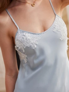 Moireta Elegant & Noble Romantic Lace Patchwork Comfortable Blue Satin Camisole Nightgown For Women - Blue - View 5