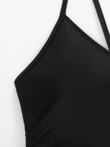 Swim Basics Women's Summer Vacation Beach Solid Color Fitted Ruched Spaghetti Strap One Piece Swimsuit - Black - View 9