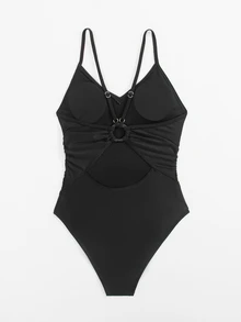 Swim Basics Women's Summer Vacation Beach Solid Color Fitted Ruched Spaghetti Strap One Piece Swimsuit - Black - View 8