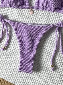SHEIN Swim Women's Purple Halter Tie Back Bikini Set With Colorblock Tie Side Bottoms - Purple - View 6