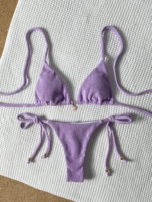 SHEIN Swim Women's Purple Halter Tie Back Bikini Set With Colorblock Tie Side Bottoms - Purple - View 2