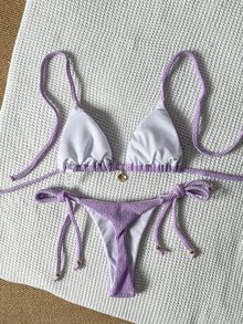 SHEIN Swim Women's Purple Halter Tie Back Bikini Set With Colorblock Tie Side Bottoms - Purple - View 4