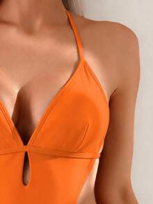 Oceva Women's Sexy Summer Beach Vacation Style Solid Color Backless Tie-Knot Halter Neck Waist Cutout One-Piece Swimsuit - Orange - View 4