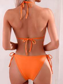 Oceva Women's Sexy Summer Beach Vacation Style Solid Color Backless Tie-Knot Halter Neck Waist Cutout One-Piece Swimsuit - Orange - View 3