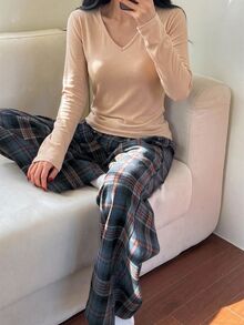 DAZY 春季寬鬆 2 件組休閒舒適女款居家服套裝 秋季 - 卡其色 - 查看 1