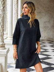Cloudara Women's Solid Color High Neck Knitted Dress - Black - View 6