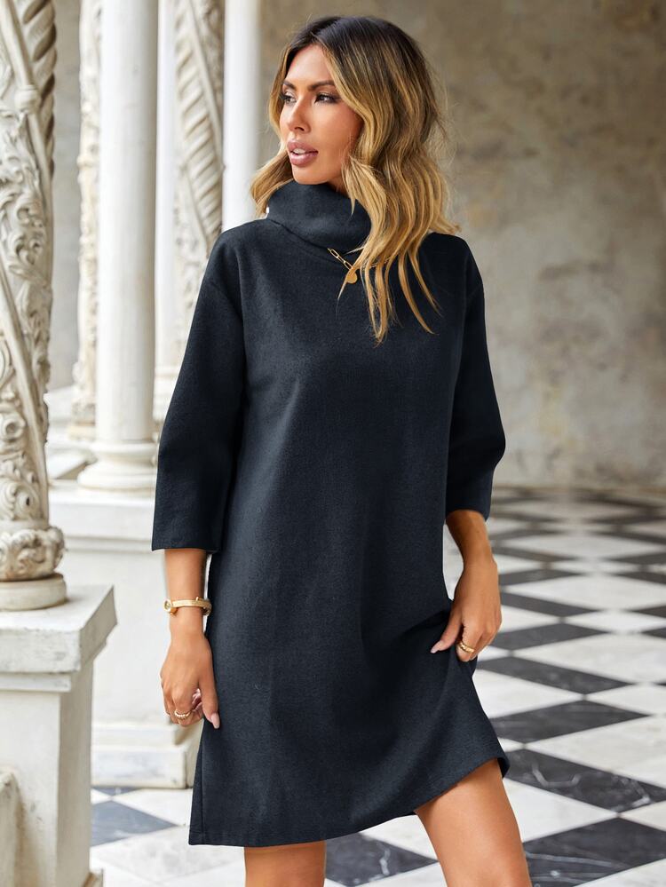 Cloudara Women's Solid Color High Neck Knitted Dress - Black - View 6
