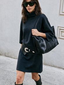 Cloudara Women's Solid Color High Neck Knitted Dress - Black - View 4