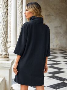 Cloudara Women's Solid Color High Neck Knitted Dress - Black - View 2