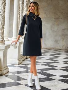 Cloudara Women's Solid Color High Neck Knitted Dress - Black - View 5