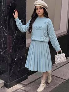 SHEIN Tween Girl 童女秋冬加厚抓絨內裡毛絨優雅寬鬆長袖套頭毛衣與針織裙套裝，淺藍色 - 淺藍色 - 查看 11