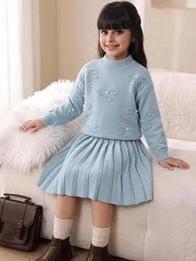 SHEIN Tween Girl 童女秋冬加厚抓絨內裡毛絨優雅寬鬆長袖套頭毛衣與針織裙套裝，淺藍色 - 淺藍色 - 查看 9