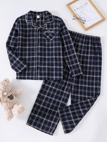SHEIN 青少年男孩 2 件組休閒百搭寬鬆舒適格紋鈕扣領口袋長袖褲子家居套裝，適合居家穿著或短暫外出，四季皆宜，開學季、睡衣派對、拍照、假期，舒適 - 藍白色 - 查看 3