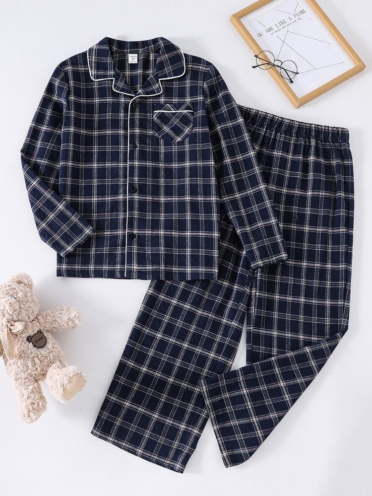 SHEIN Teen Boy 2pcs Teen Boys Casual Versatile Loose Comfortable Plaid Button-Up Pocket Collar Long Sleeve Pants Lounge Set, Suitable For Home Wear Or Short Outings, All Seasons, Back To School, Pajama Party, Photos, Holidays, Comfortable - Blue and White - View 3