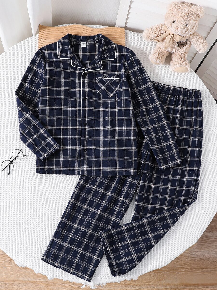 SHEIN 青少年男孩 2 件組休閒百搭寬鬆舒適格紋鈕扣領口袋長袖褲子家居套裝，適合居家穿著或短暫外出，四季皆宜，開學季、睡衣派對、拍照、假期，舒適 - 藍白色 - 查看 1