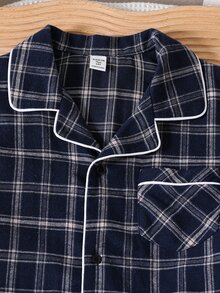 SHEIN 青少年男孩 2 件組休閒百搭寬鬆舒適格紋鈕扣領口袋長袖褲子家居套裝，適合居家穿著或短暫外出，四季皆宜，開學季、睡衣派對、拍照、假期，舒適 - 藍白色 - 查看 4