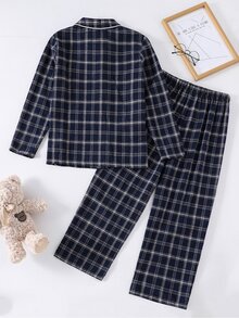 SHEIN 青少年男孩 2 件組休閒百搭寬鬆舒適格紋鈕扣領口袋長袖褲子家居套裝，適合居家穿著或短暫外出，四季皆宜，開學季、睡衣派對、拍照、假期，舒適 - 藍白色 - 查看 2