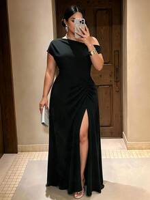 Cravure Women's Plus Size Party Date Banquet Cocktail Wedding Minimalist Elegant Lace Trim Slit Pleated Asymmetrical Neckline Solid Color Dress - Black - View 1