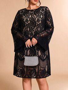 Cravure Gaun Pendek A-Line Longgar Lengan Lebar Berlubang dengan Pita Belakang dan Renda Warna Kontras untuk Pesta Musim Gugur/Musim Dingin - Hitam - View 4