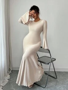 Elenzga 大码女式时尚休闲喇叭袖长连衣裙 - 杏色 - 查看 6