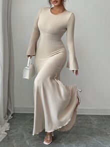 Elenzga 大码女式时尚休闲喇叭袖长连衣裙 - 杏色 - 查看 4