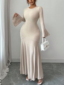 Elenzga 大码女式时尚休闲喇叭袖长连衣裙 - 杏色 - 查看 5