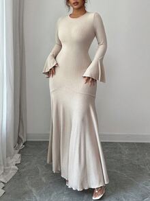 Elenzga 大码女式时尚休闲喇叭袖长连衣裙 - 杏色 - 查看 7