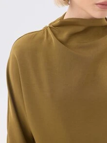 KÆRIA Hus Long Sleeve Mock Neck Top - Weighted Fluid Crepe - Antique Gold - Minimalist, Draped, Day To Night - Brown - View 8