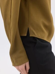 KÆRIA Hus Long Sleeve Mock Neck Top - Weighted Fluid Crepe - Antique Gold - Minimalist, Draped, Day To Night - Brown - View 7