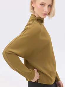 KÆRIA Hus Long Sleeve Mock Neck Top - Weighted Fluid Crepe - Antique Gold - Minimalist, Draped, Day To Night - Brown - View 2