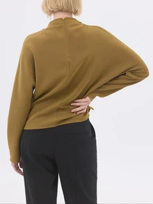 KÆRIA Hus Long Sleeve Mock Neck Top - Weighted Fluid Crepe - Antique Gold - Minimalist, Draped, Day To Night - Brown - View 3