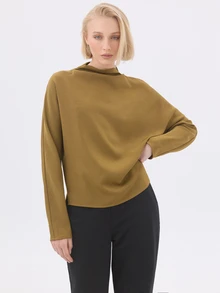 KÆRIA Hus Long Sleeve Mock Neck Top - Weighted Fluid Crepe - Antique Gold - Minimalist, Draped, Day To Night - Brown - View 5