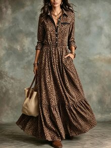Glimmora Women's Spring Autumn French Vintage Leopard Print Casual Lazy Vacation Style Small Collar Long Sleeve Button Design Dress - Brown - View 5