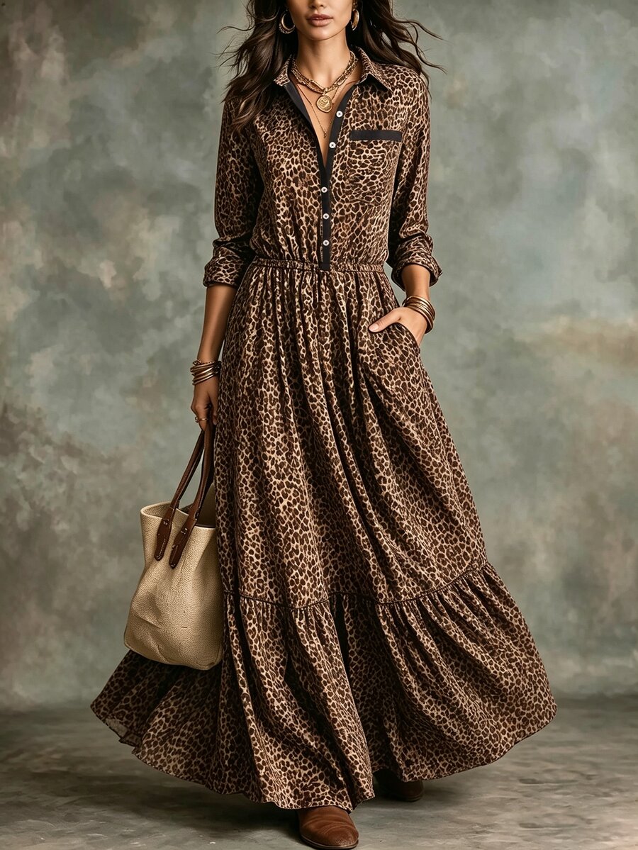 Glimmora Women's Fall French Boho Vintage Leopard Print Casual Lazy Vacation Style Small Collar Long Sleeve Button Design Dress Dark Brown - Brown - View 1
