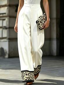 SHEIN Autumn Elegant Fashion Leopard Print Patchwork High Waist Wide Leg Pants, French Office Commute Style Pleated Long Pants - White - View 5