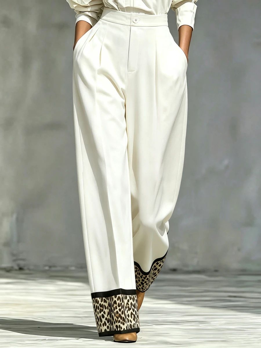 SHEIN Autumn Elegant Fashion Leopard Print Patchwork High Waist Wide Leg Pants, French Office Commute Style Pleated Long Pants - White - View 1