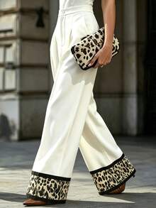 SHEIN Autumn Elegant Fashion Leopard Print Patchwork High Waist Wide Leg Pants, French Office Commute Style Pleated Long Pants - White - View 4