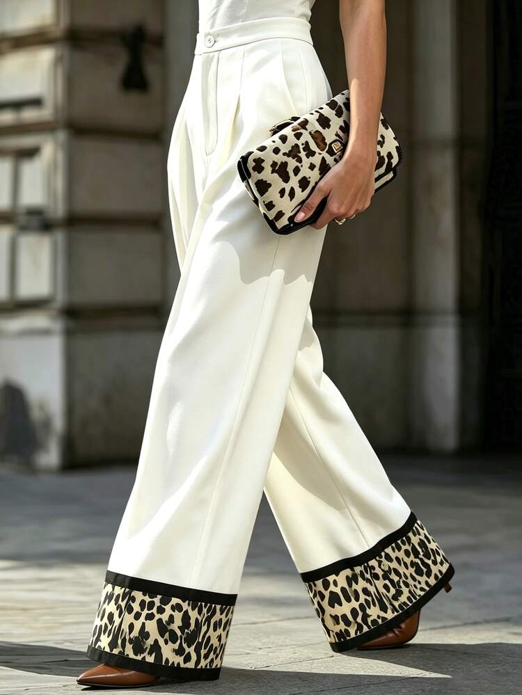 SHEIN Autumn Elegant Fashion Leopard Print Patchwork High Waist Wide Leg Pants, French Office Commute Style Pleated Long Pants - White - View 4
