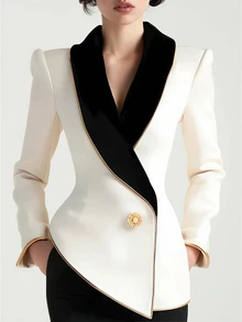 RosyDaze Women's Elegant Colorblock Gold Trim Asymmetric Hem Long Sleeve Blazer, Commuter Outfit - White - View 4