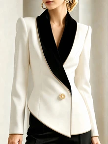 RosyDaze Women's Elegant Colorblock Gold Trim Asymmetric Hem Long Sleeve Blazer, Commuter Outfit - White - View 1