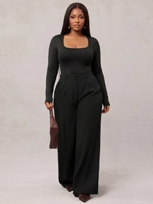 SHEIN Tall CURVE Plus Size Women's Solid Color Pocket Wide Leg Loose Casual Elegant Smart Long Pants Fall Office Vacation Formal Black - Dark Grey - View 7